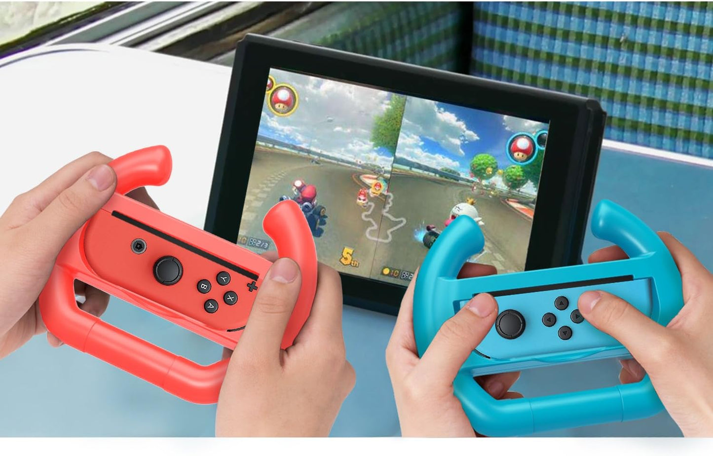 Steering Wheel Compatible with Switch/Switch OLED Model (2021), [2 Pack] Switch Steering Wheel Controller Handle Compatible with Switch Joy-Con Mario Kart Game (Blue & Red)