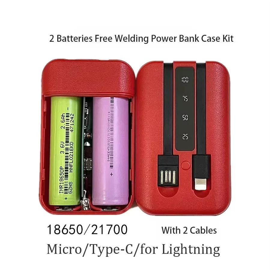 Powerbank Case Kit Micro Type-C USB Ports Powerbank Shell 2*18650/21700 Battery Charger DIY Power Bank Box Shell with 2 Cables