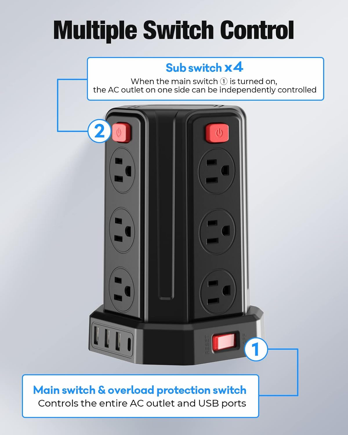 Power Strip Surge Protector, 10 Ft Extension Cord with 12 AC Multiple Outlets 4 USB (1 USB C),  Power Tower Desktop Charging Station