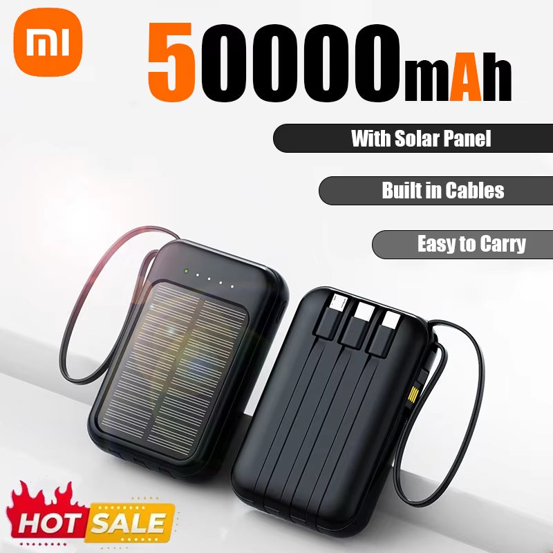 Xiaomi 50000Mah Solar Power Bank Built Cables Solar Charger 2 USB Ports External Charger Powerbank with LED Light