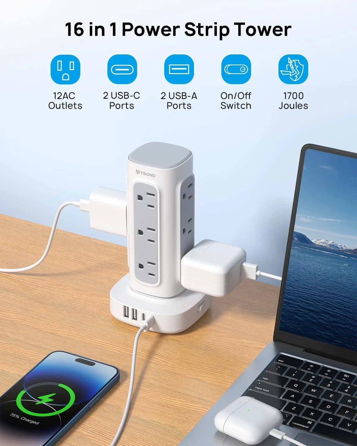 Surge Protector Power Strip Tower - Flat Plug 6 Ft Extension Cord with 12 Multiple Outlets, 4 USB Ports(2 USB C), Multi Plug Charging Tower, 1700J, for Home Office Supplies Dorm Room Essentials