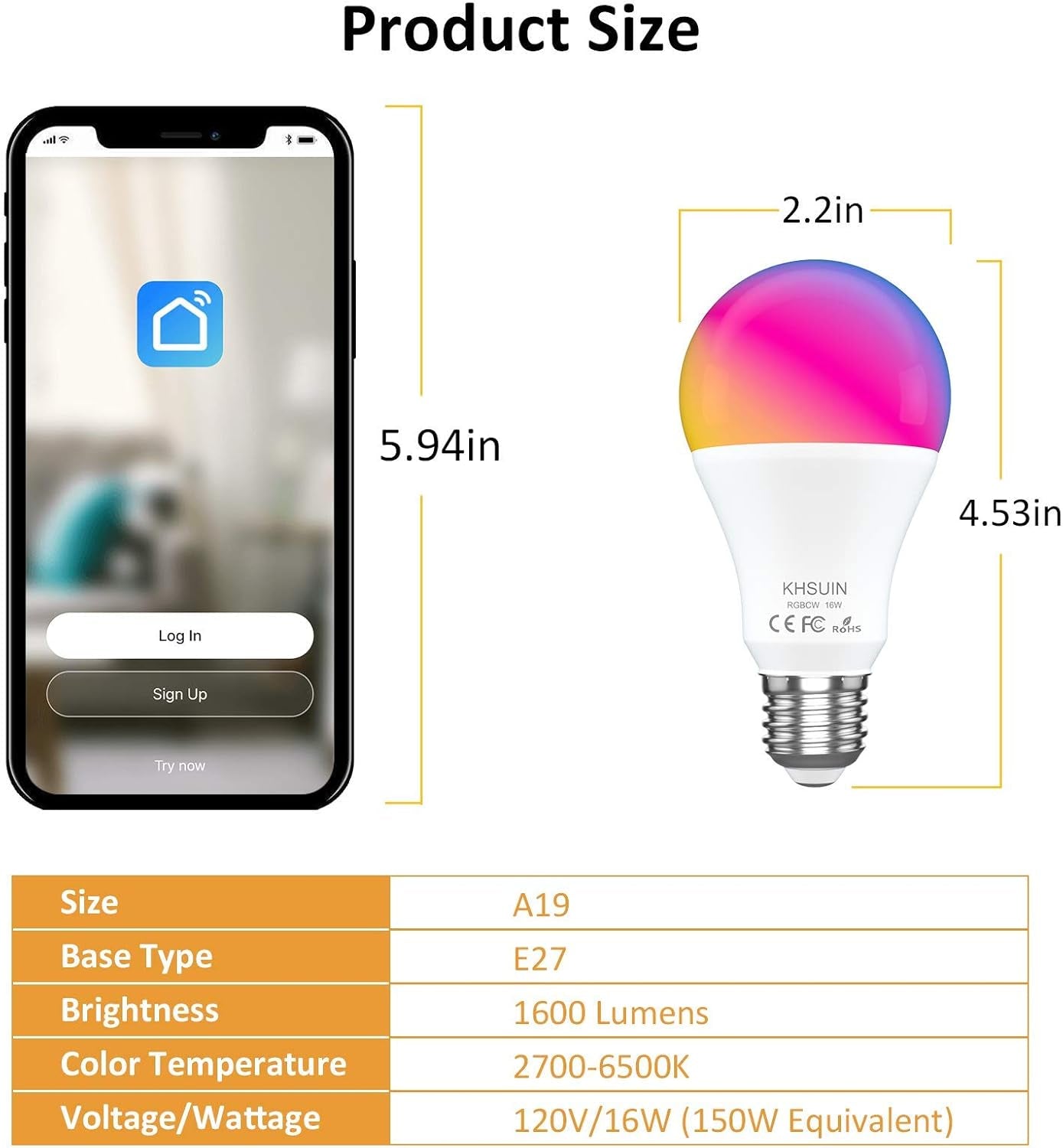 Wifi Smart Light Bulbs,16W 150W Equivalent 1600Lumen Ultra Bright E26 A19 Smart Bulb Work with Alexa,Google No Hub Required,Dimmable Led Full Color Changing Alexa Light Bulb,2 Pack