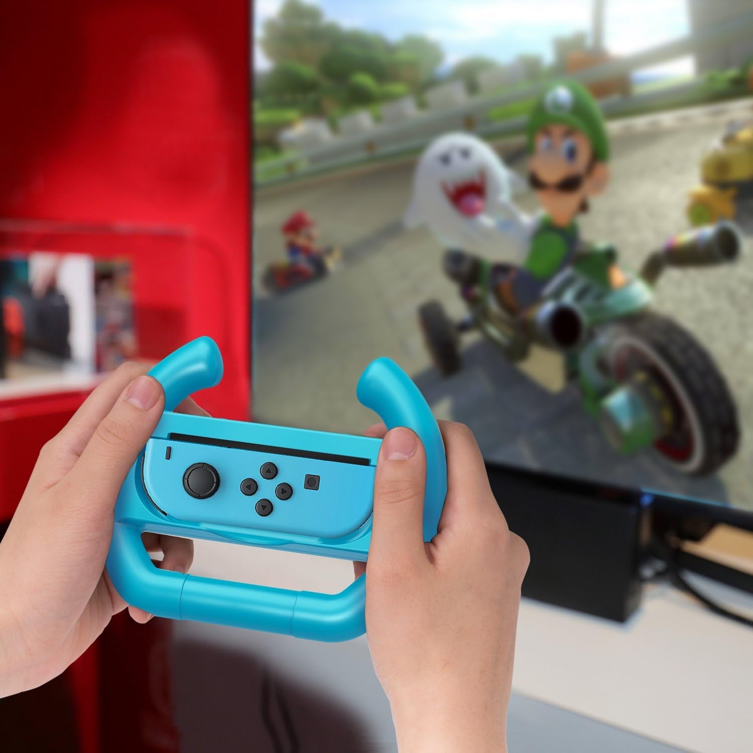 Steering Wheel Compatible with Switch/Switch OLED Model (2021), [2 Pack] Switch Steering Wheel Controller Handle Compatible with Switch Joy-Con Mario Kart Game (Blue & Red)