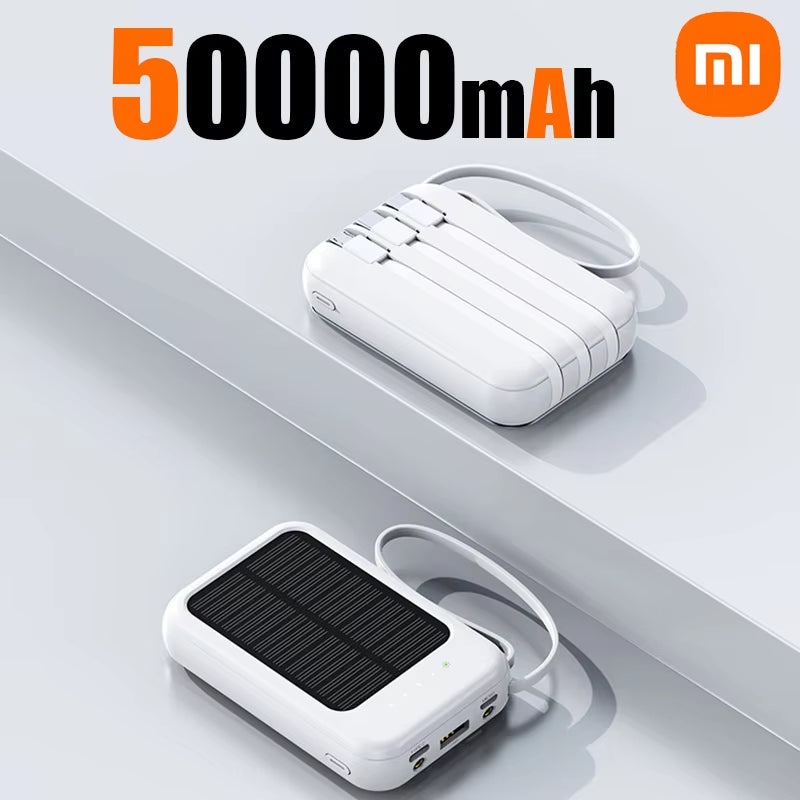 Xiaomi 50000Mah Solar Power Bank Built Cables Solar Charger 2 USB Ports External Charger Powerbank with LED Light